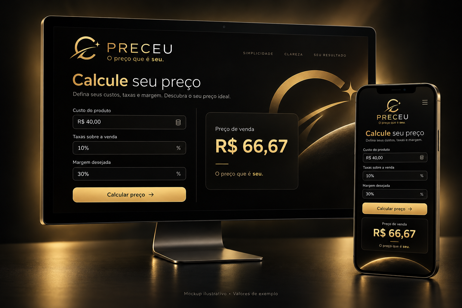 Mockup ilustrativo da calculadora PRECEU no computador e no celular, em preto e dourado, com valores de exemplo